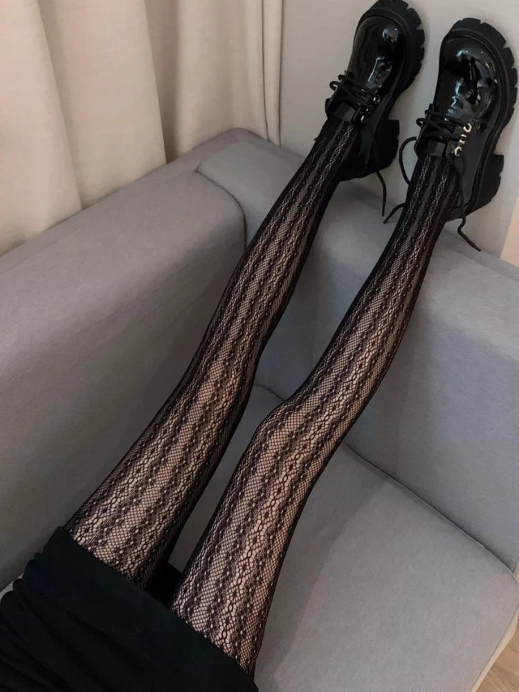 Floral Jacquard Nylon Elastane Mesh Stockings - 4