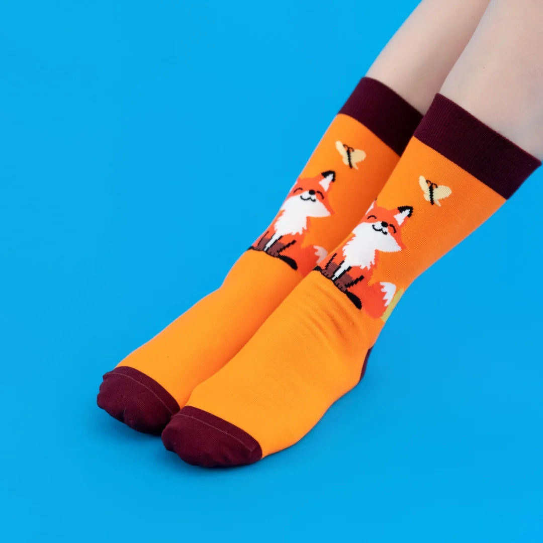 Cotton Blend Unisex Crew Fox Print Socks
