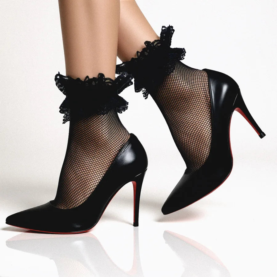 Polyester Nylon Fishnet Lace Trim Ankle Socks