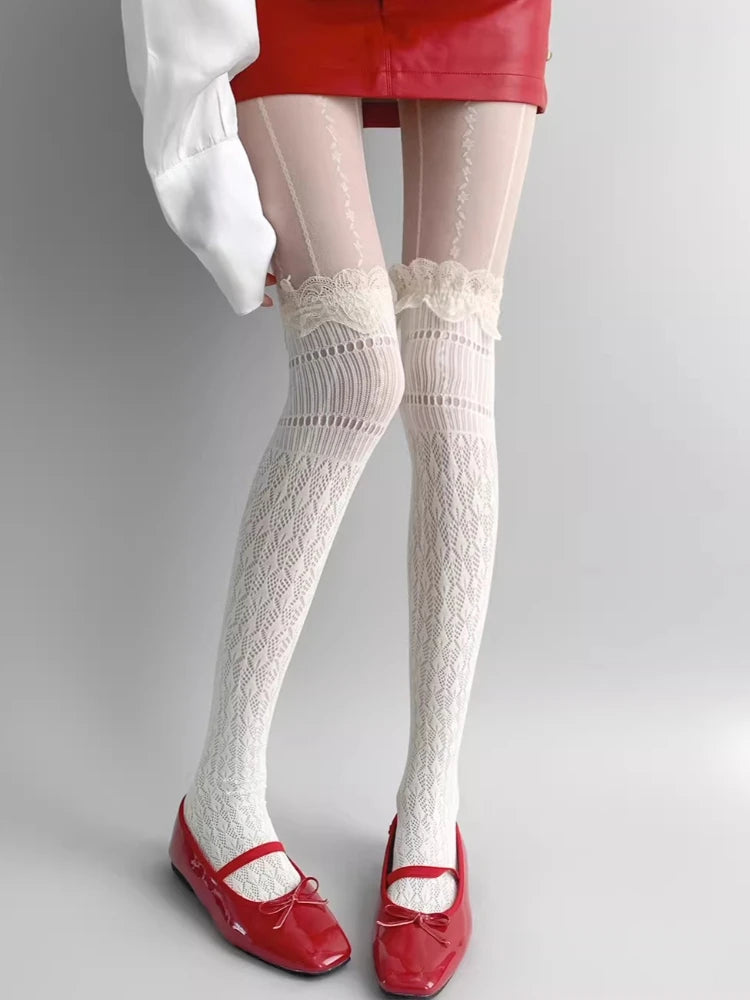 Nylon Elastane Lace Thigh High Stockings - 6