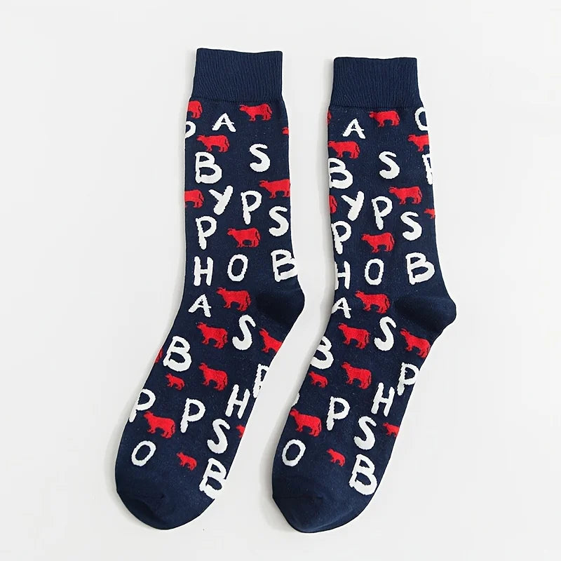 Cotton Blend Letter And Cow Print Mid Calf Crew Socks