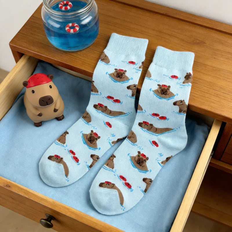 Cotton Blend Capybara Pattern Mid Calf Socks - 1