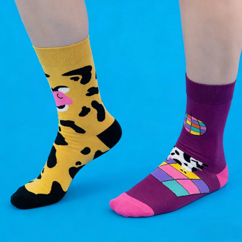 Cotton Blend Cartoon Cow Print Crew Socks