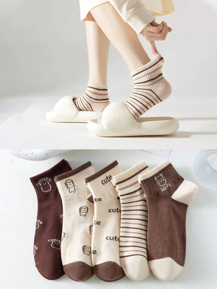 Polyester Blend Casual Cartoon Ankle Socks 5 Pack