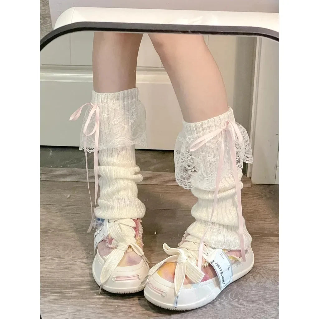 Acrylic Knitted Lace Bow Leg Warmers