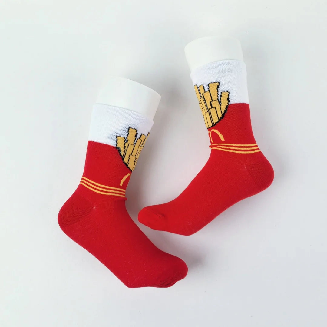 Polyester Elastane French Fries Print Unisex Mid Calf Socks 3 Pack