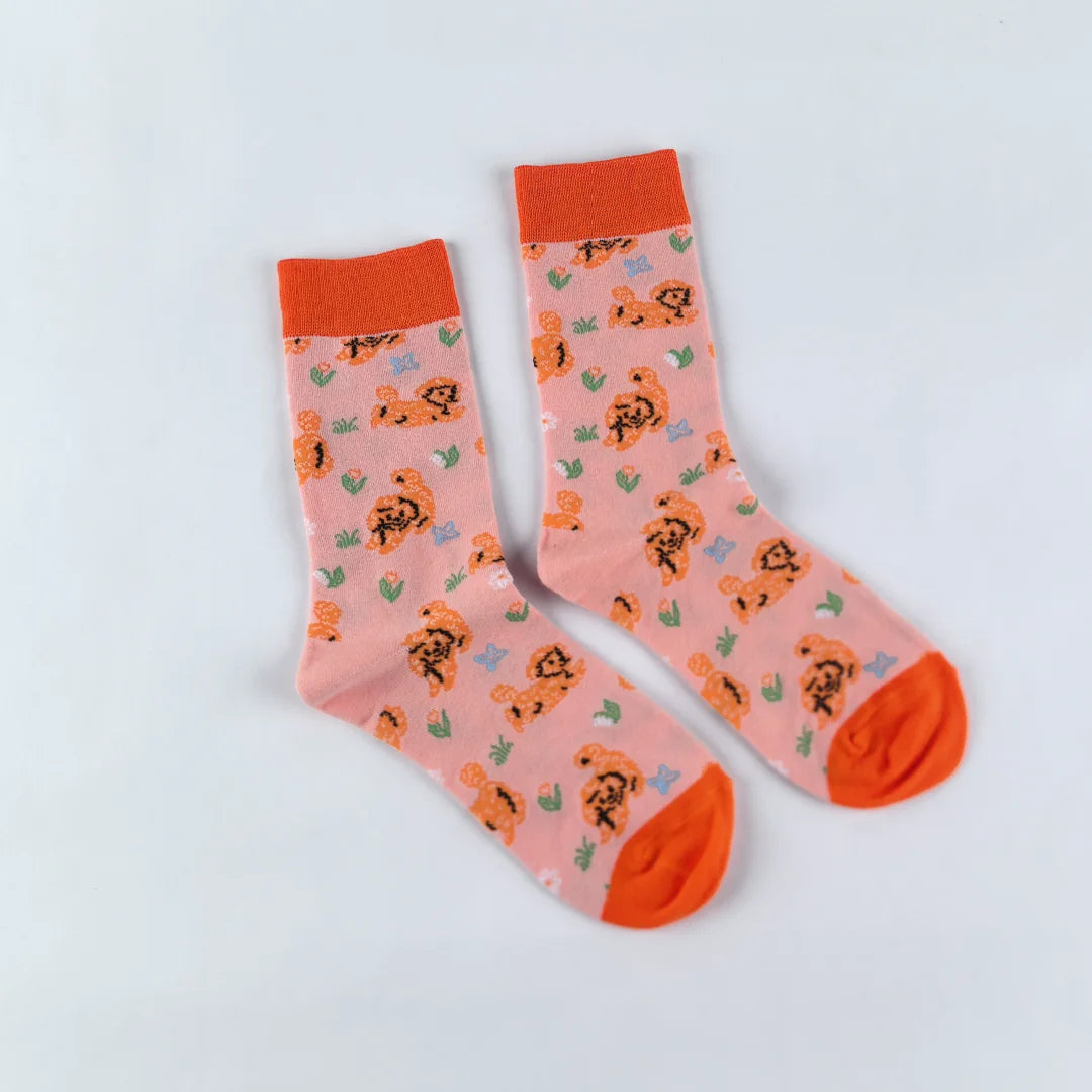 Cotton Blend Puppy Print Mid Calf Casual Socks - 3