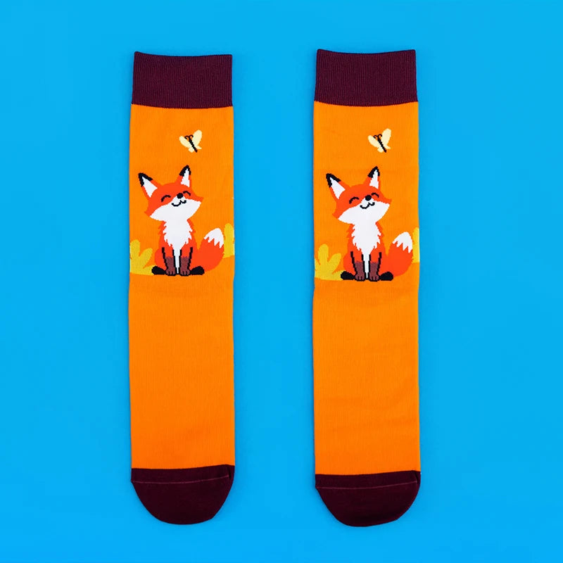 Cotton Blend Smiling Fox Pattern Mid Calf Socks