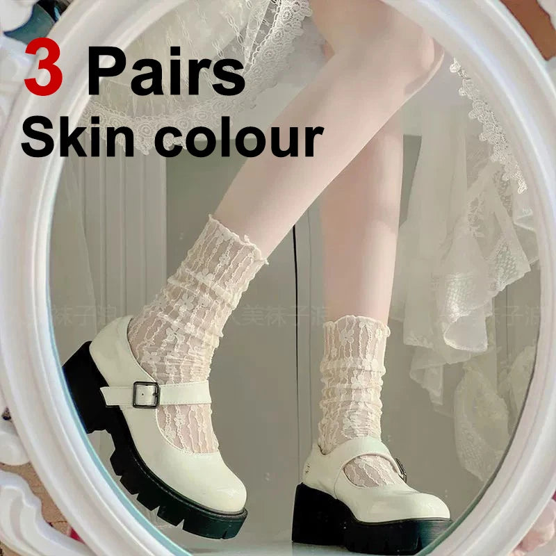 3 Pairs Floral Lace Women Casual Crew Socks - 17