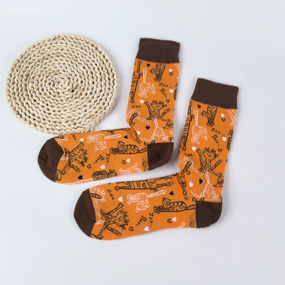 Cotton Blend Cat Print Mid Calf Unisex Socks - 2