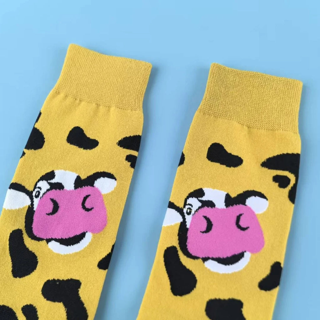 Cotton Blend Cow Print Casual Crew Socks