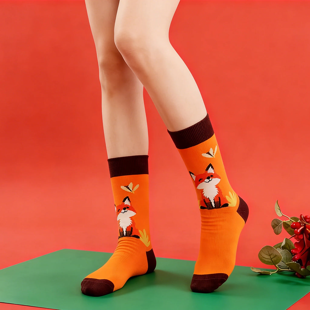 Cotton Blend Smiling Fox Pattern Mid Calf Socks