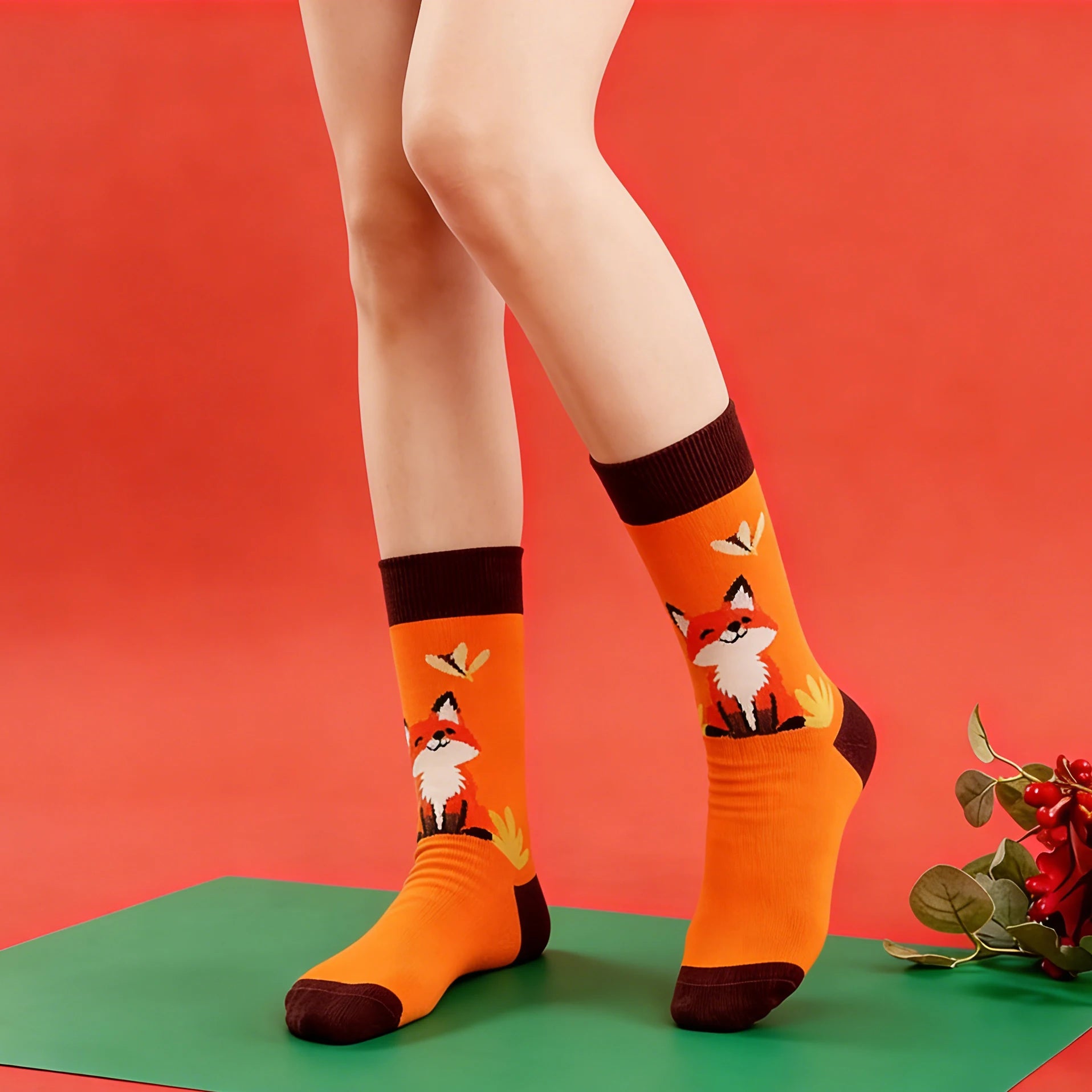 Cotton Blend Smiling Fox Pattern Mid Calf Socks