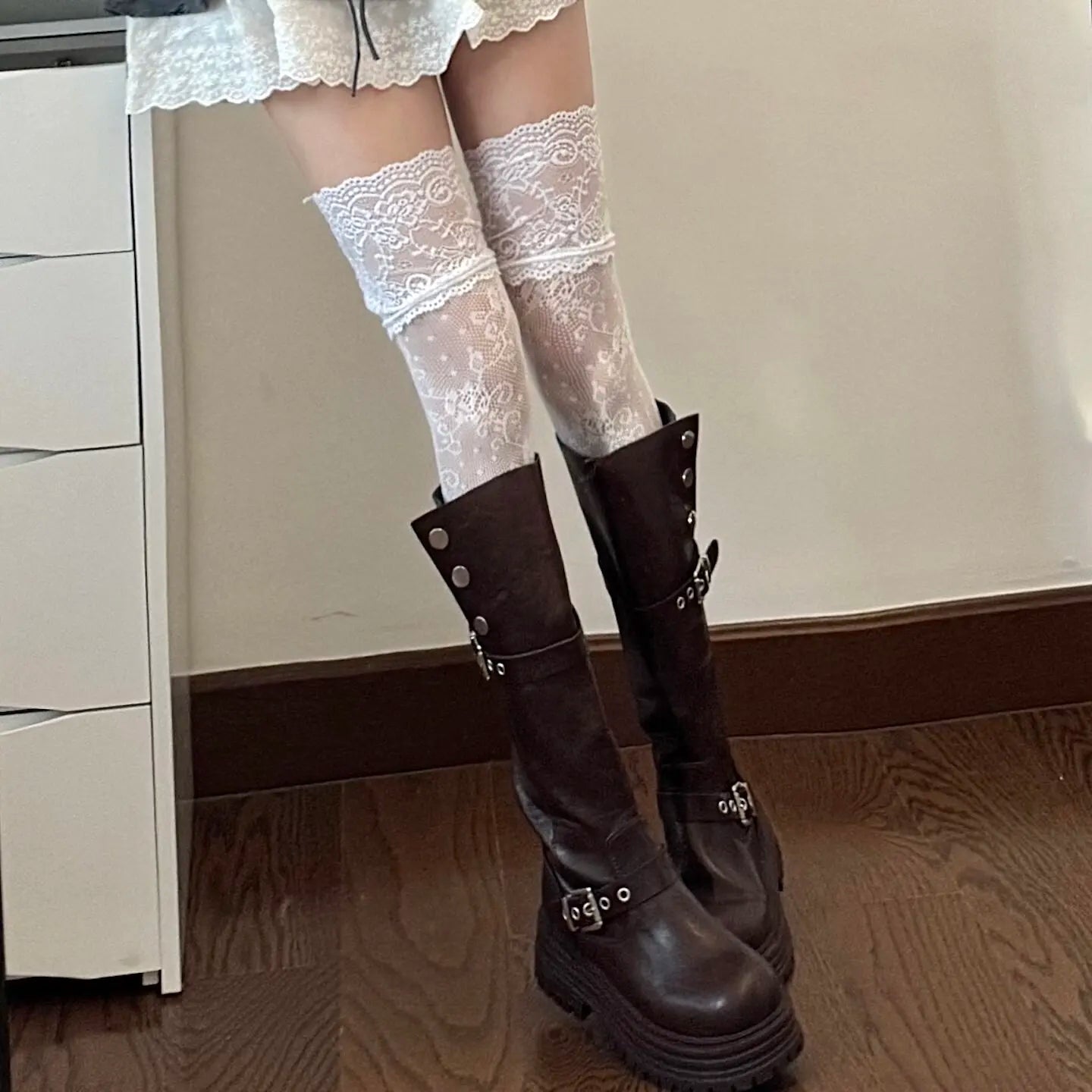 Lace Fishnet Thigh High Stockings - 3
