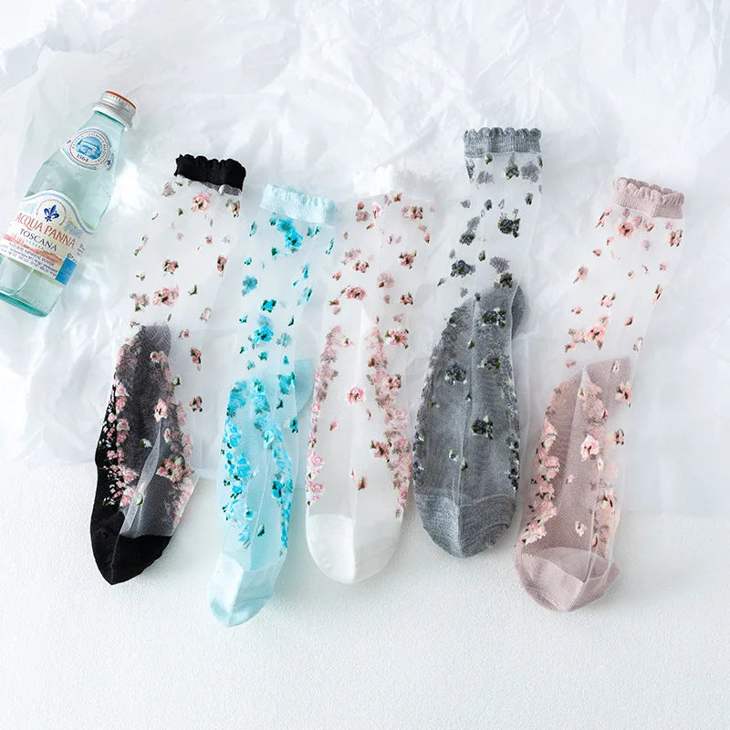 Polyester Elastane Floral Ruffle Crew Socks