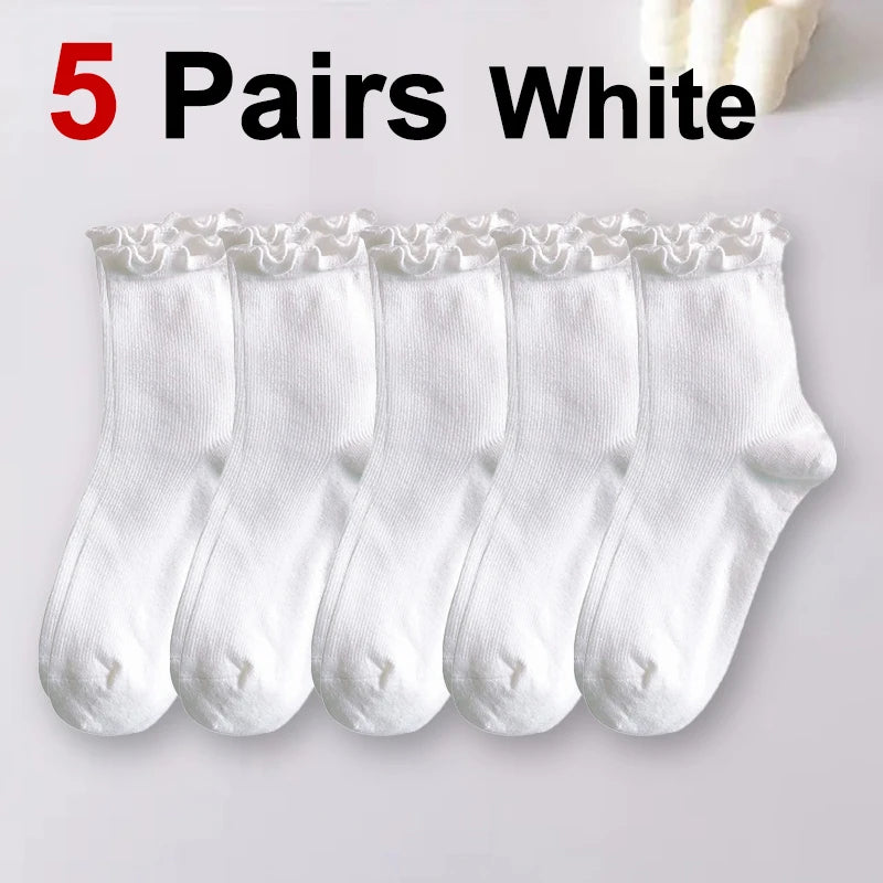 Polyester Elastane Ruffle Trim Mid Tube Socks for Women - 13