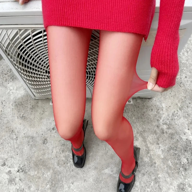 Red Polyester Translucent Slim Tights