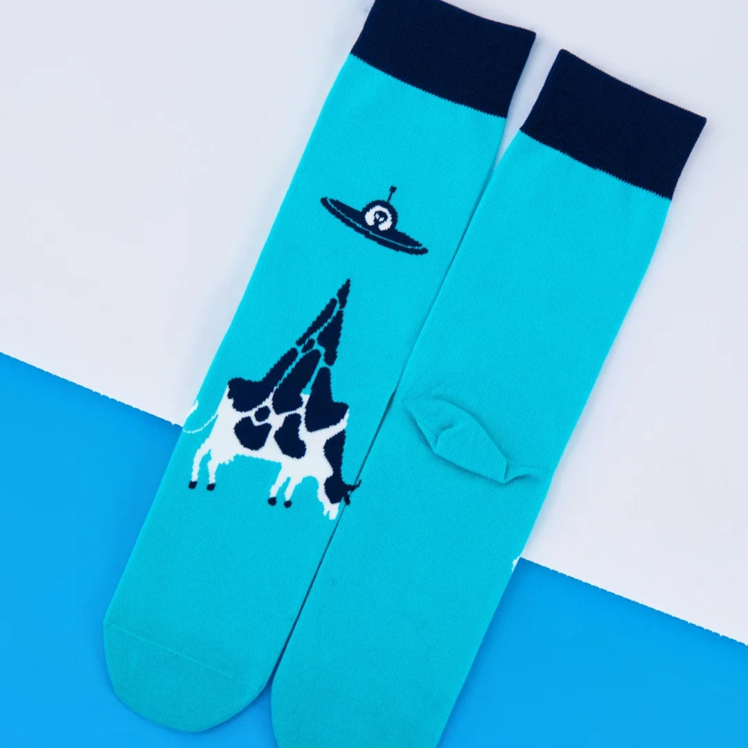 Cotton Blend Alien and Cow Pattern Mid Calf Socks - 4