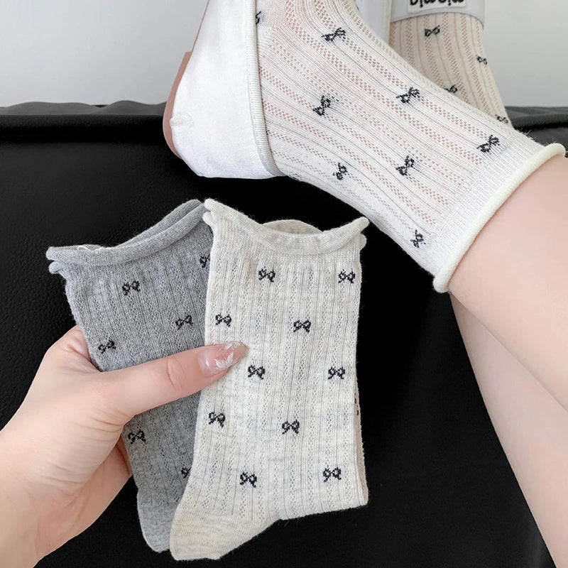 Polyester Spandex Bow Pattern Mid Tube Breathable Casual Socks - 19