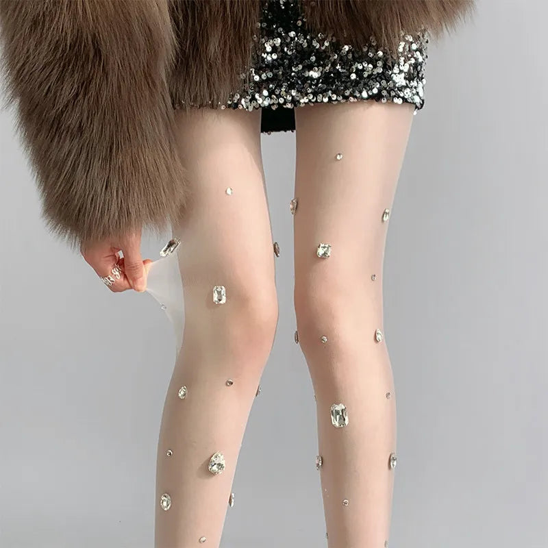 Rhinestone Embellished Nylon Elastic Tights