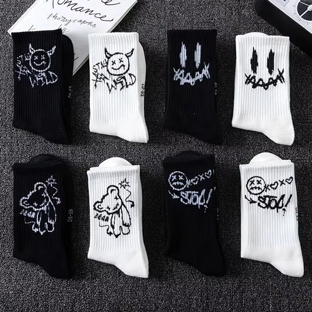 Polyester Elastane Cartoon Bear Crew Socks Five Pair Set