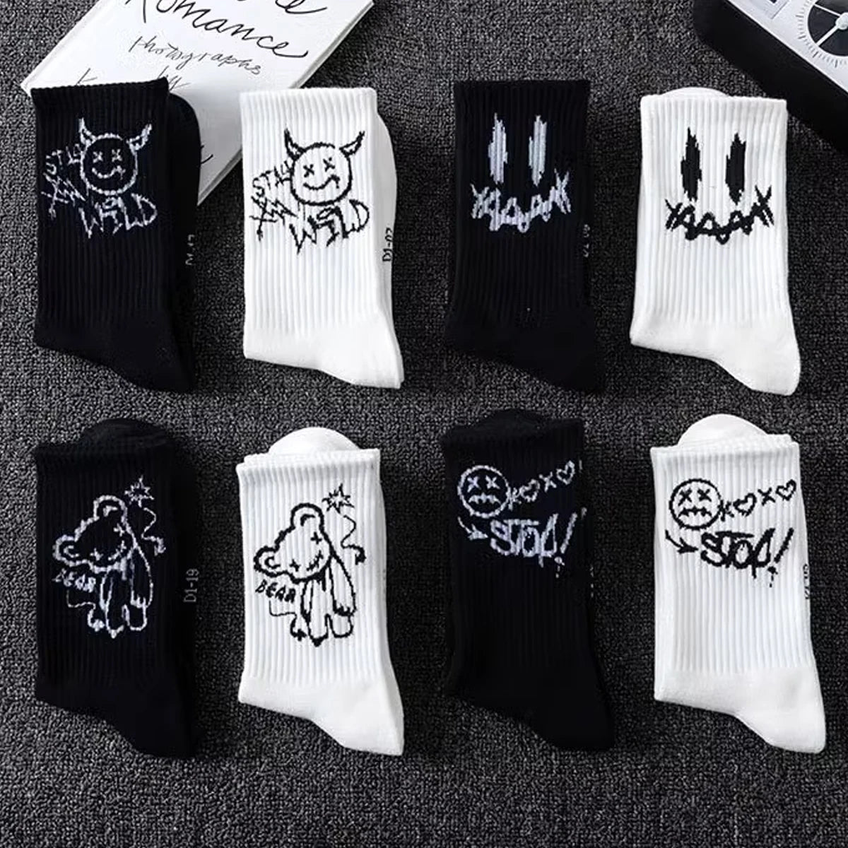 Polyester Elastane Cartoon Bear Crew Socks Five Pair Set
