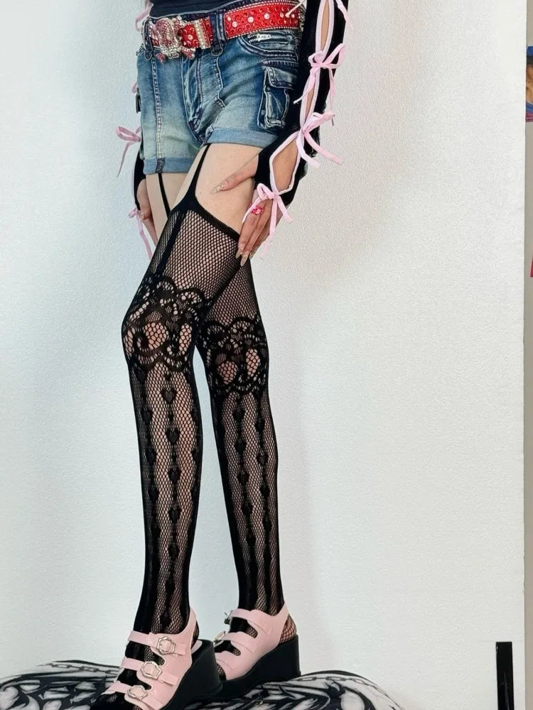 Nylon Elastane Heart Patterned Fishnet Thigh High Stockings - 9