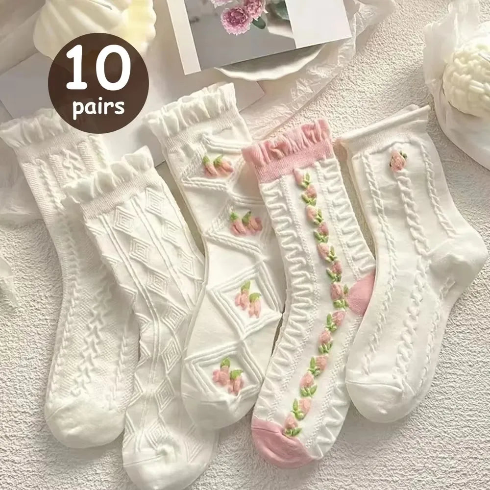 Polyester Blend Floral Ruffled Mid Tube Socks - 14