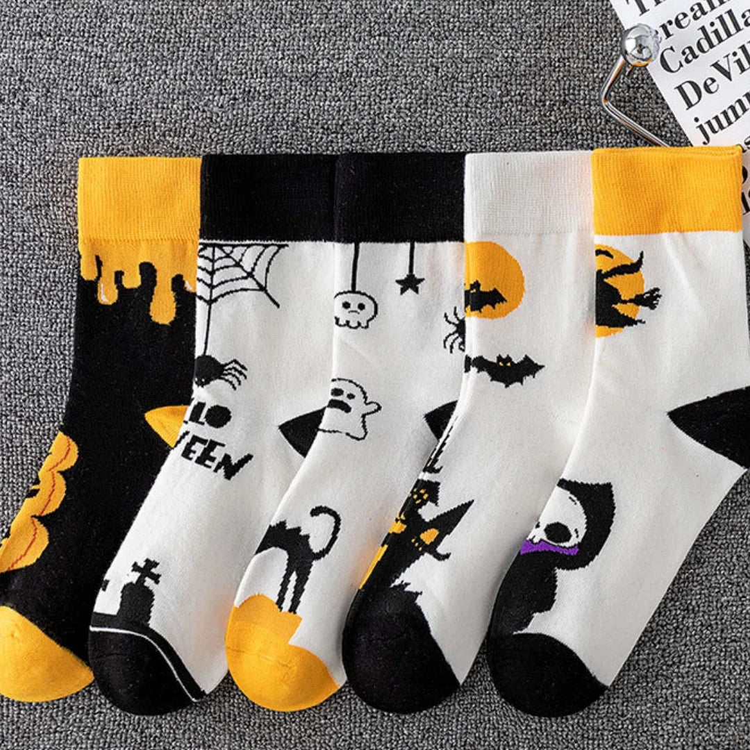 Polyester Elastane Halloween Patterned Mid Calf Socks 5 Pack - 2