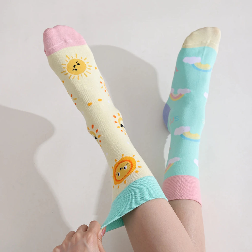 Cotton Blend Smiley Rainbow Print Mid Calf Socks