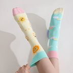 Cotton Blend Smiley Rainbow Print Mid Calf Socks