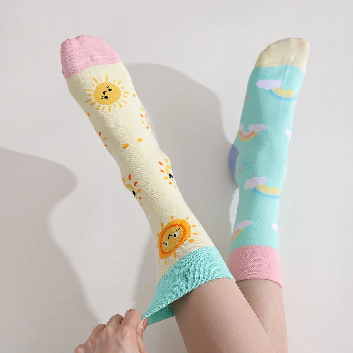 Cotton Blend Smiley Rainbow Print Mid Calf Socks
