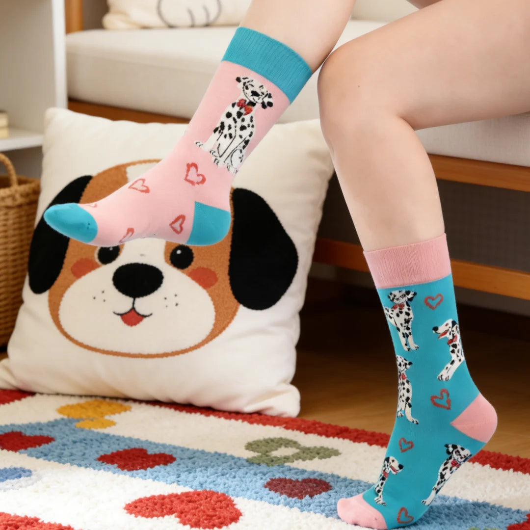 Cotton Blend Spotted Dog Print Mid Tube Socks