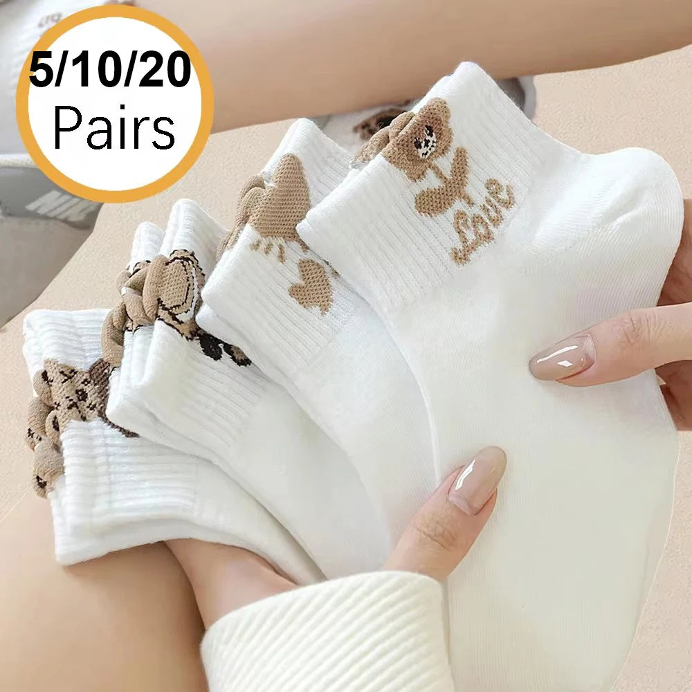 Polyester Elastane Teddy Bear Print Casual Ankle Socks for Women - 1