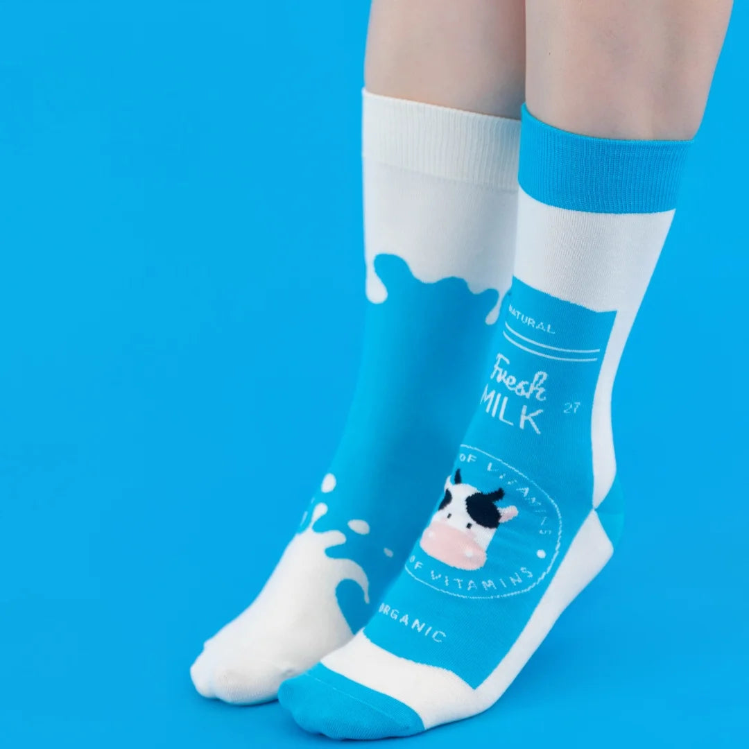 Cotton Blend Milk Carton Print Mid Calf Socks
