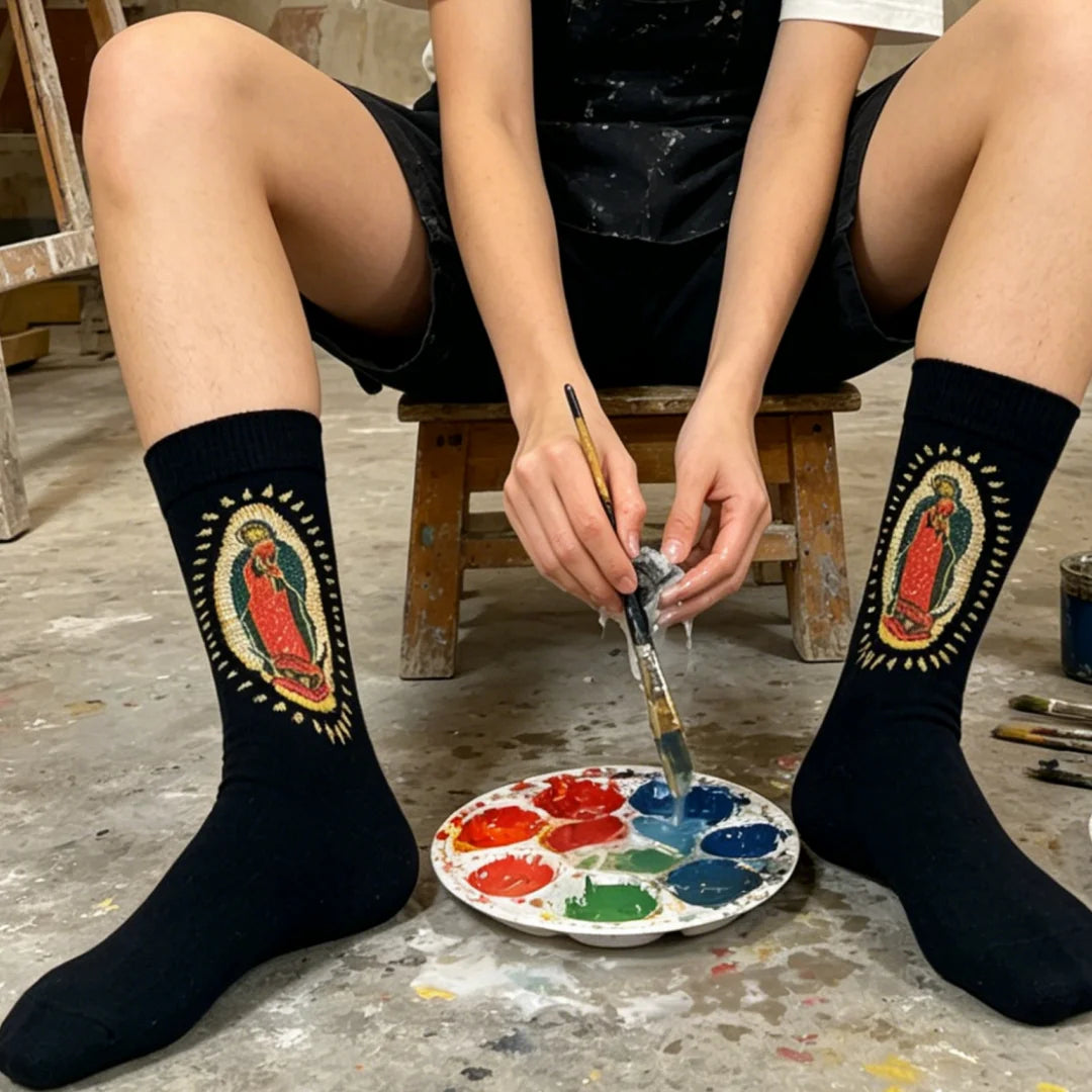 Polyester Elastane Portrait Print Mid Calf Socks - 8