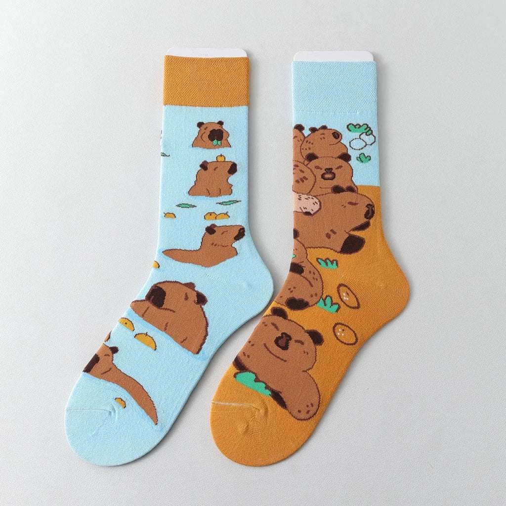 Cotton Blend Capybara Pattern Mid Calf Socks