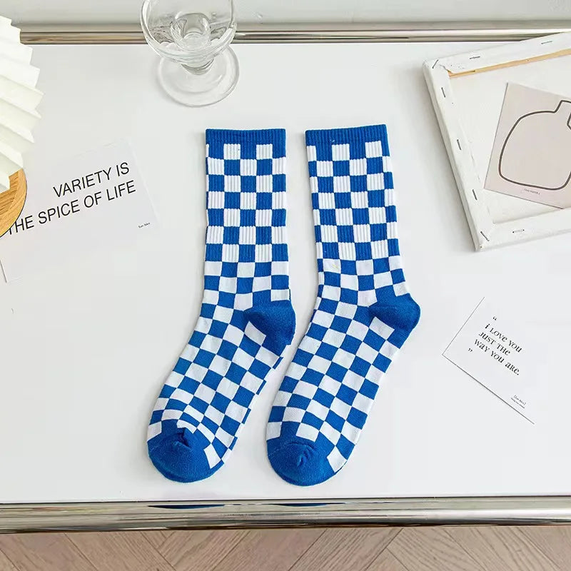 Cotton Blend Plaid Pattern Mid Tube Unisex Socks - 12