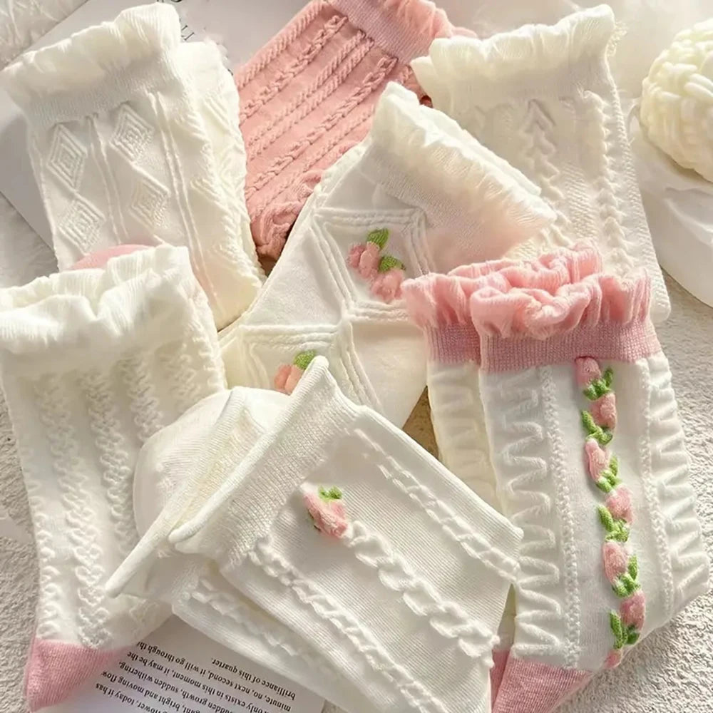 Ruffled Floral Mid Tube Polyester Women Socks 5 Pairs - 5