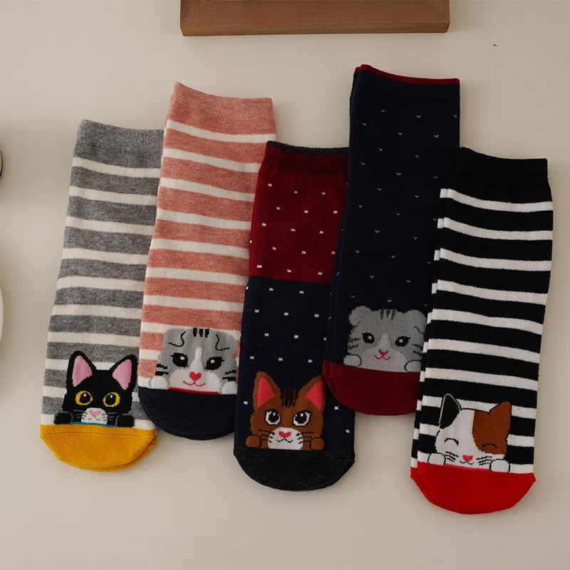 Cotton Blend Cat Pattern Casual Crew Socks for Women