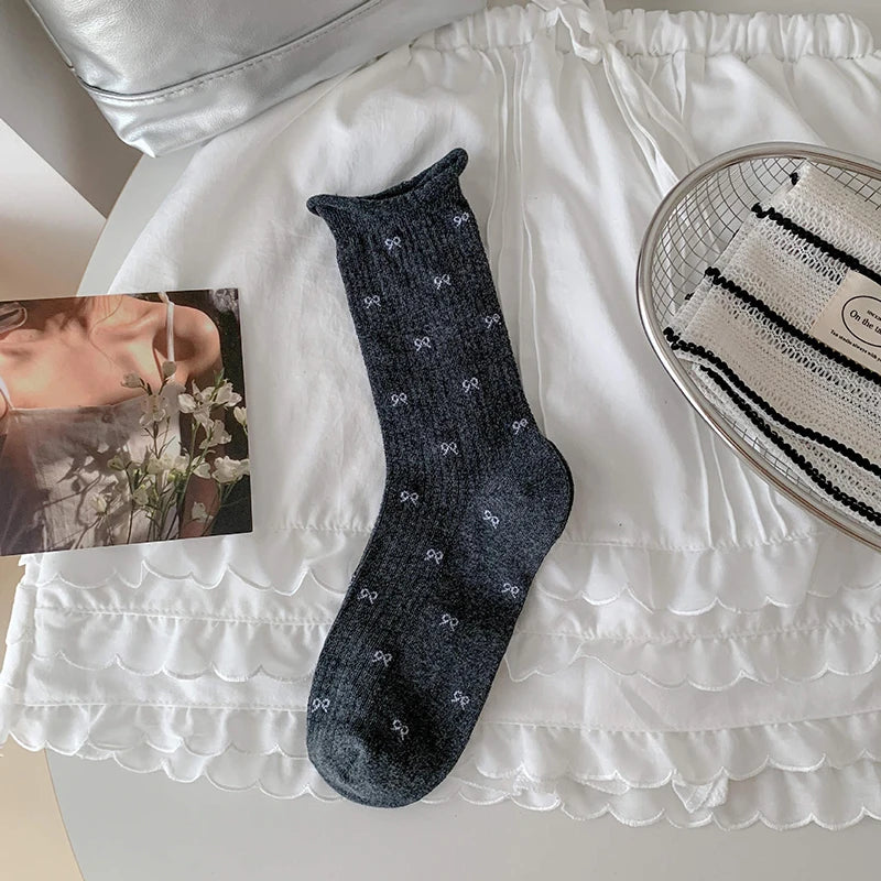 Polyester Spandex Bow Pattern Mid Tube Breathable Casual Socks