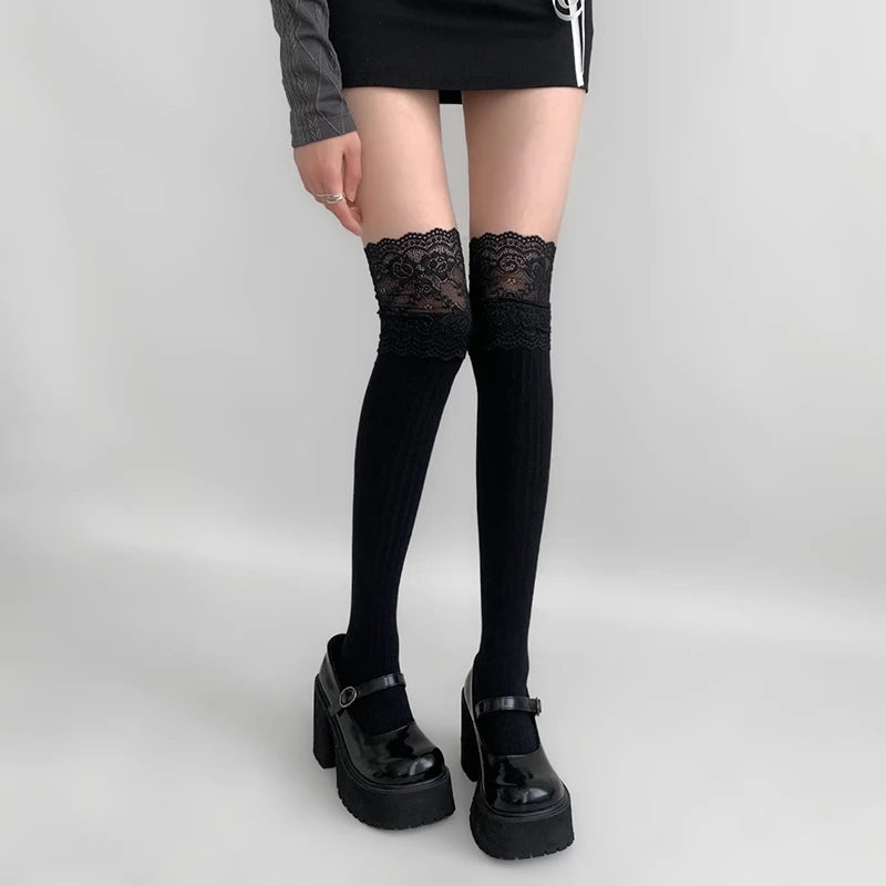 Polyester Elastane Lace Knee High Stockings