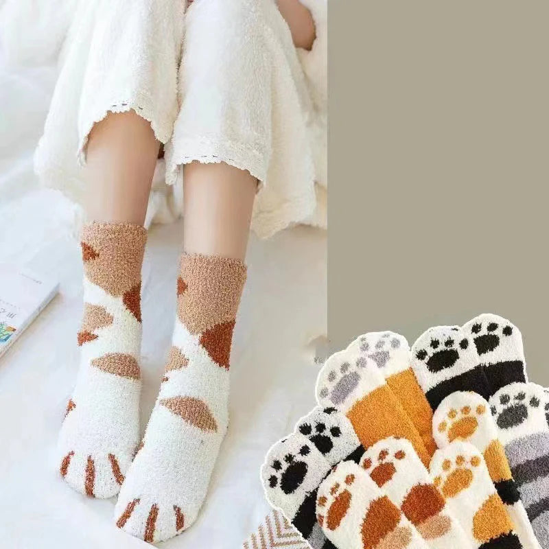 Polyester Elastane Cat Paw Pattern Mid Tube Thick Winter Socks