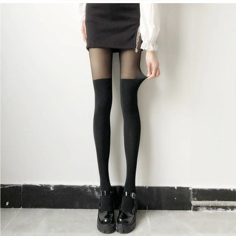 Polyester Patchwork Pantyhose High Waist Stretchy Tights