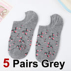 5 Pairs Polyester Elastane Floral Low Cut Boat Socks