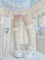 Nylon Lolita Lace Ruffle Knee High Socks with Bows
