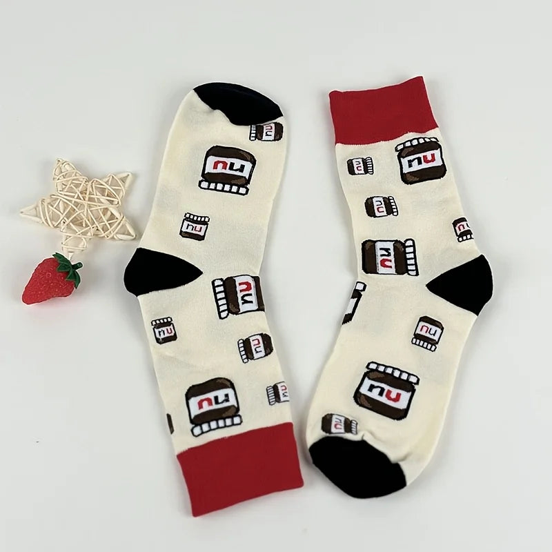 Cotton Blend Nutella Jar Pattern Mid Calf Socks - 4