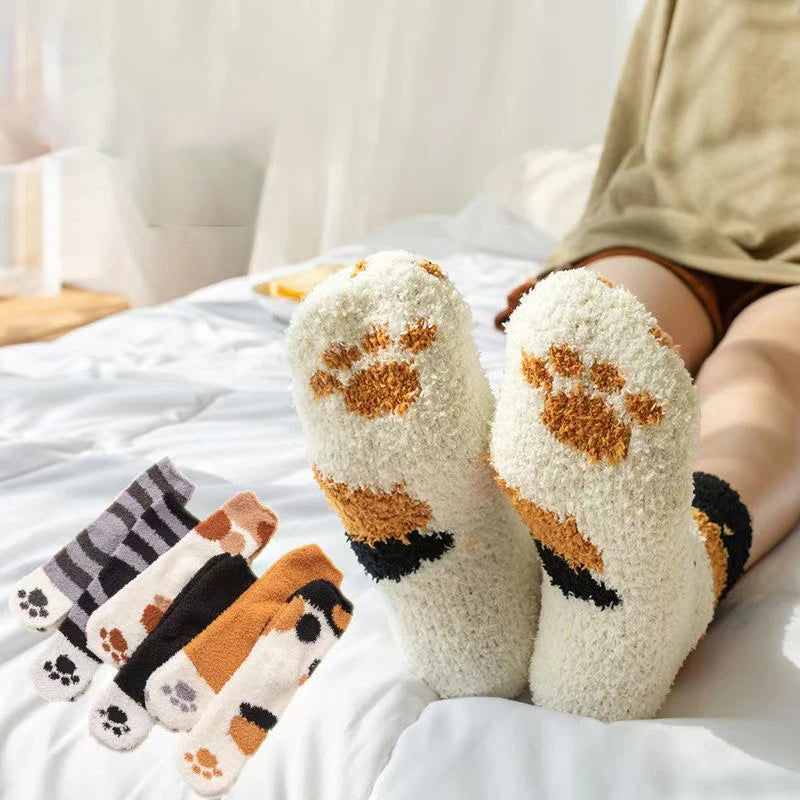 Polyester Elastane Cat Paw Pattern Mid Tube Thick Winter Socks - 3