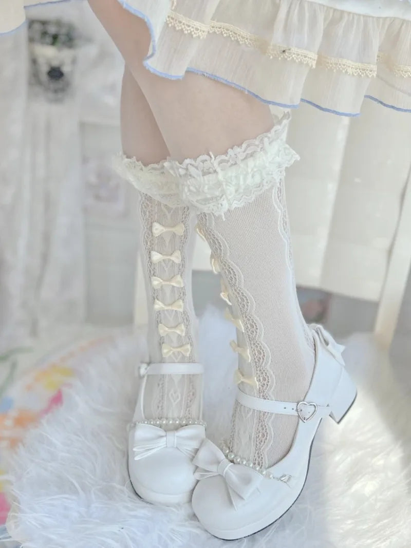 Nylon Lolita Lace Ruffle Knee High Socks with Bows - 5