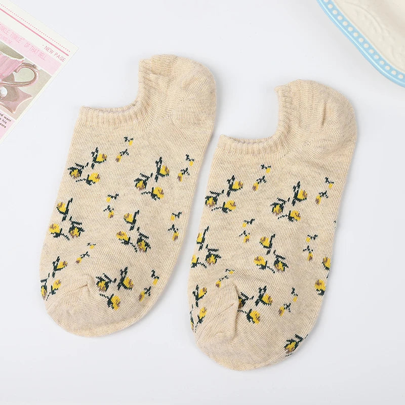 5 Pairs Polyester Elastane Floral Low Cut Boat Socks
